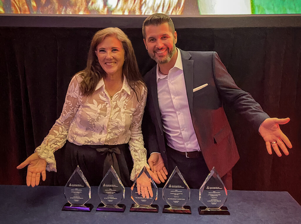Marianne Conner, Marketing Director - FCI Residential, and Eduardo Gonzalez, Creative Director - Accommovision, celebrate five awards received at SEFAA's 2025 Circle of Excellence Awards.